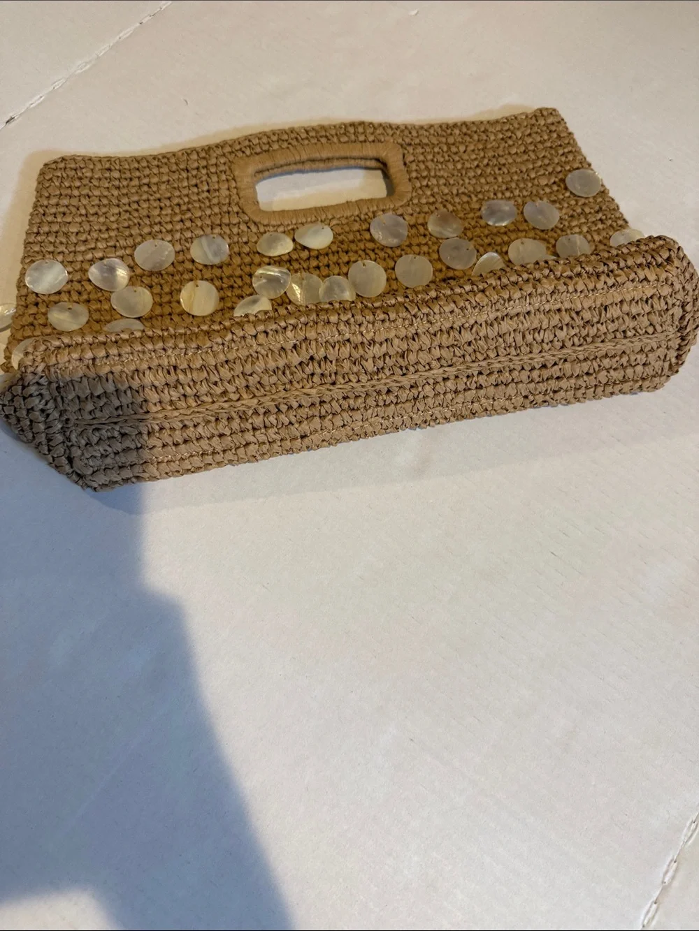 J. Crew Tan Woven Clutch with Shell Discs